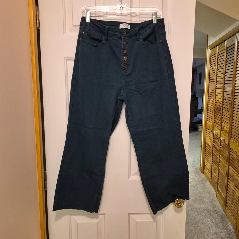 Judy Blue Women Wide Leg Crop Jeans Teal Green Button Fly Raw Hem 13/31 JB88104C
